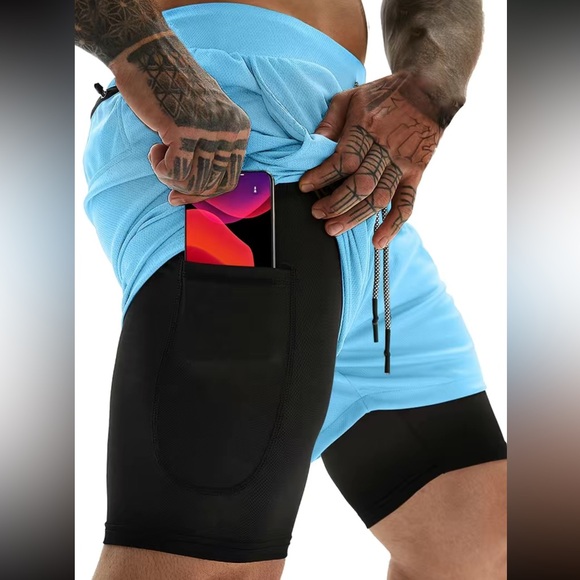 Men double layer gym workout shorts with inner pocket - Picture 10 of 16